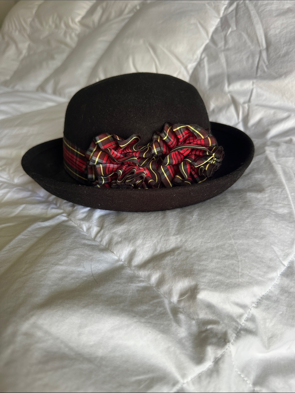 Vintage Black Wool Bowler Hat with Red Plaid Ribbon